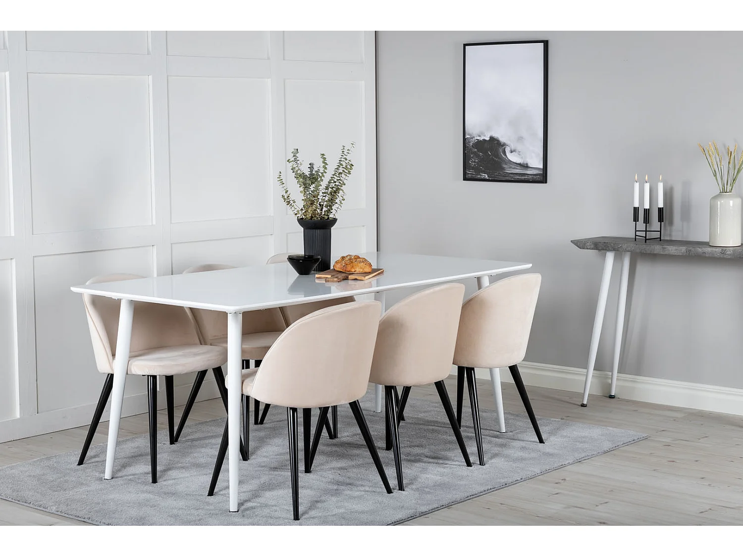 Polar180X90WHWH Essgruppe Esstisch weiß und 6 Velvet Esszimmerstühle Velour beige, schwarz.