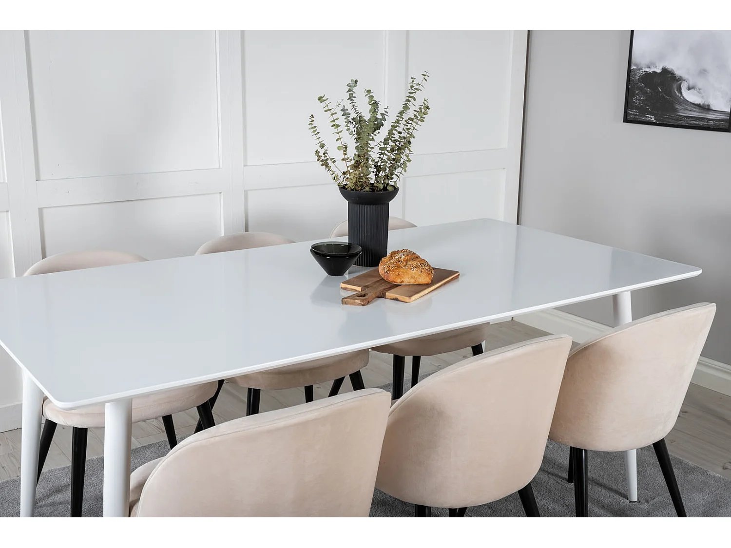 Polar180X90WHWH Essgruppe Esstisch weiß und 6 Velvet Esszimmerstühle Velour beige, schwarz.