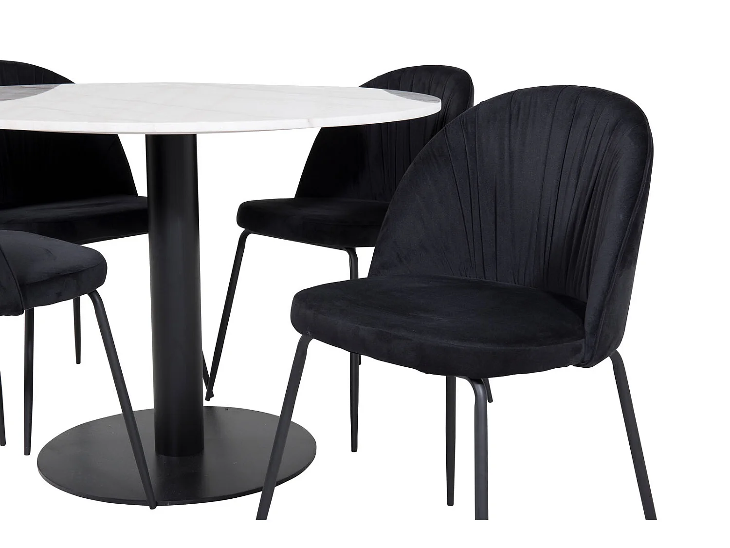 EstelleØ106WHBL ensemble table, table blanc, marbre et 4 Wrinkles chaises Velours noir.
