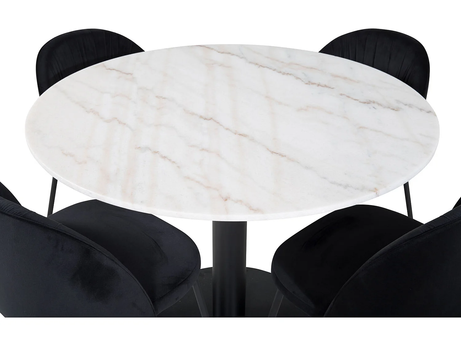 EstelleØ106WHBL ensemble table, table blanc, marbre et 4 Wrinkles chaises Velours noir.