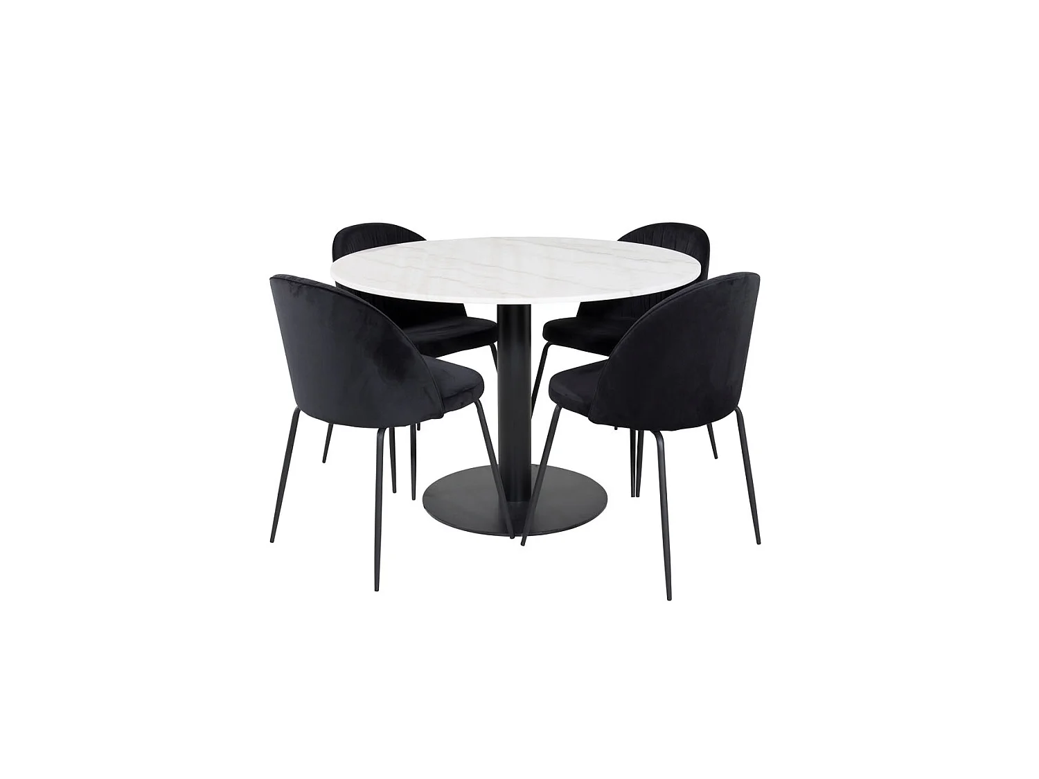 EstelleØ106WHBL ensemble table, table blanc, marbre et 4 Wrinkles chaises Velours noir.
