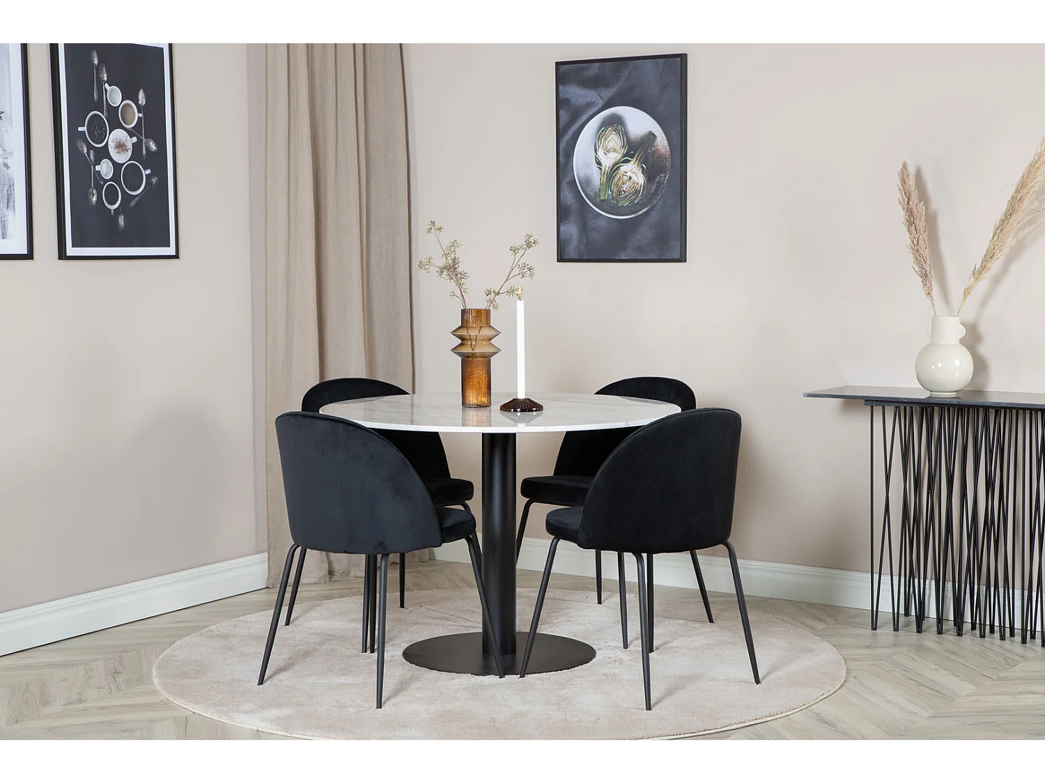 EstelleØ106WHBL ensemble table, table blanc, marbre et 4 Wrinkles chaises Velours noir.