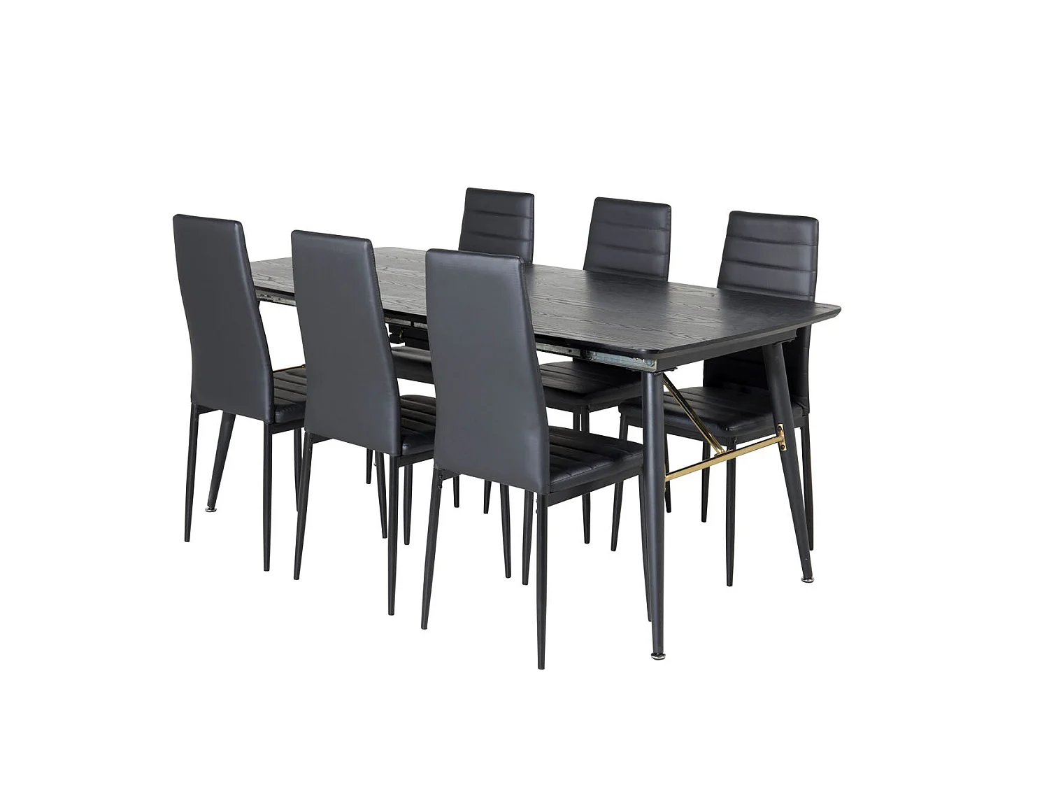 Gold eethoek eetkamertafel uitschuifbare tafel lengte cm 180 / 220 zwart en 6 Slim High Back eetkamerstal PU kunstleer zwart.