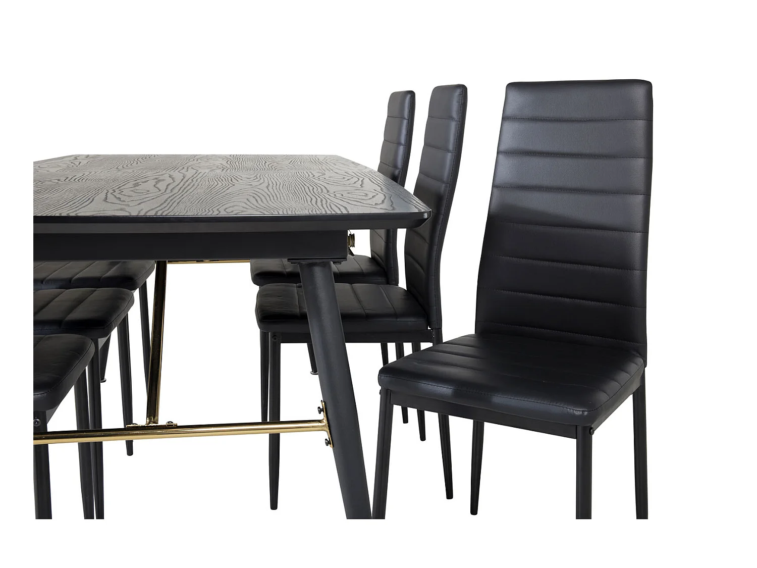Gold eethoek eetkamertafel uitschuifbare tafel lengte cm 180 / 220 zwart en 6 Slim High Back eetkamerstal PU kunstleer zwart.
