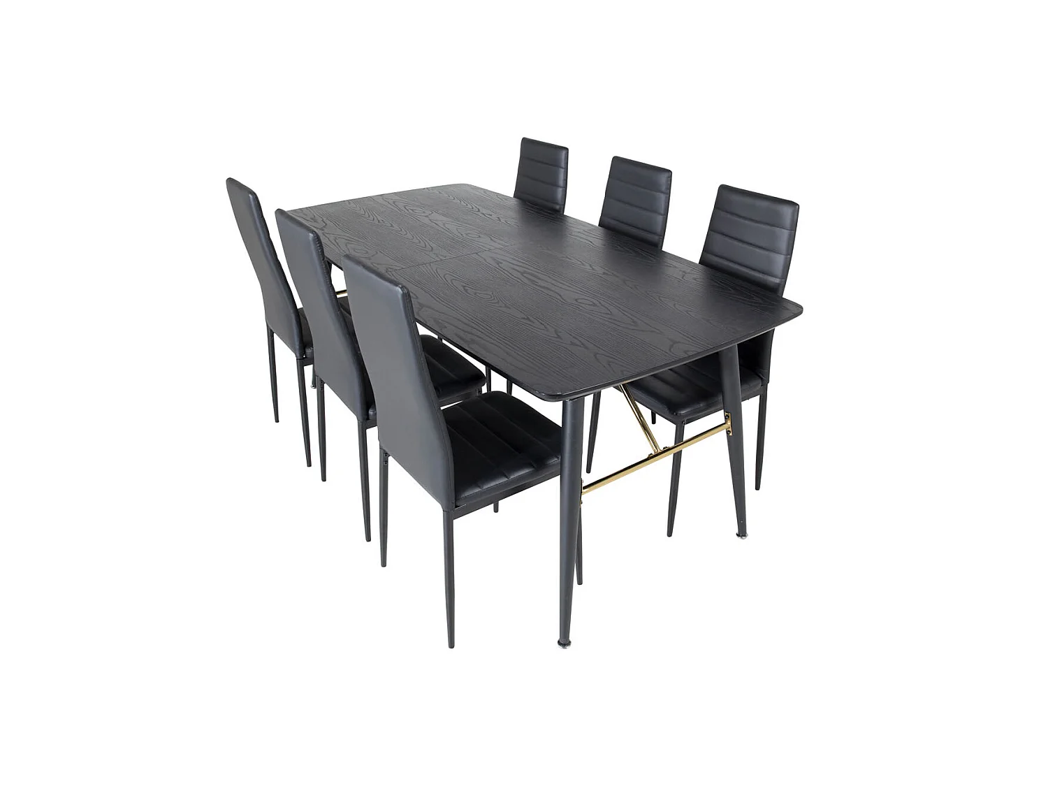Gold eethoek eetkamertafel uitschuifbare tafel lengte cm 180 / 220 zwart en 6 Slim High Back eetkamerstal PU kunstleer zwart.