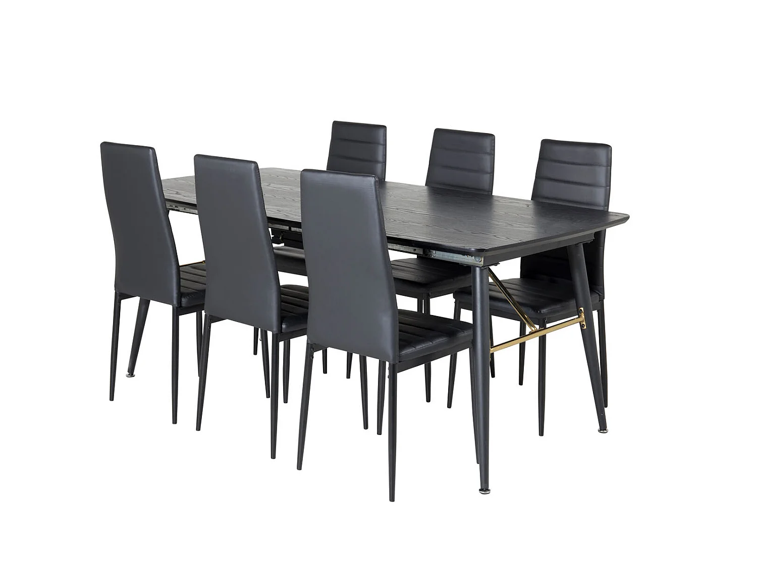 Gold eethoek eetkamertafel uitschuifbare tafel lengte cm 180 / 220 zwart en 6 Slim High Back eetkamerstal PU kunstleer zwart.