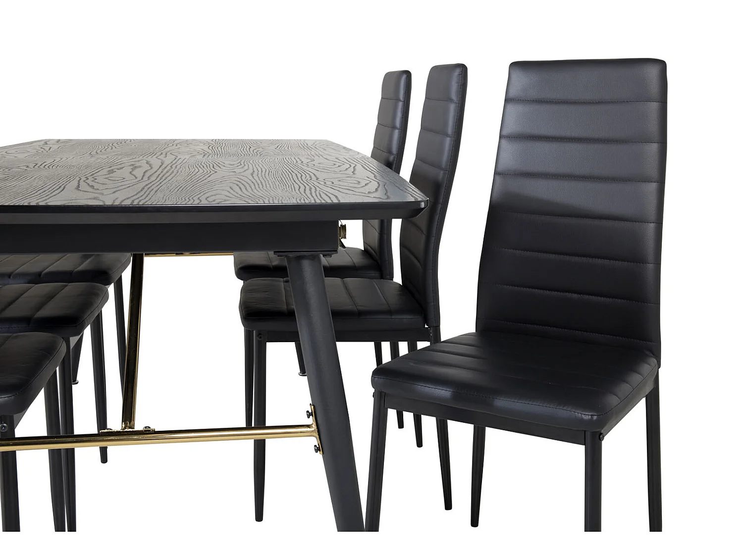Gold eethoek eetkamertafel uitschuifbare tafel lengte cm 180 / 220 zwart en 6 Slim High Back eetkamerstal PU kunstleer zwart.