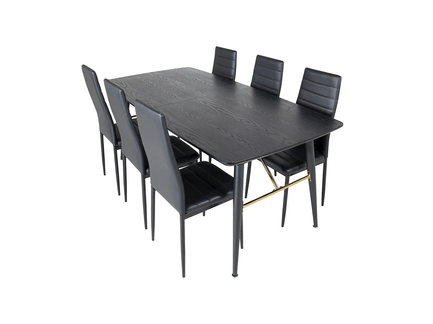 Gold eethoek eetkamertafel uitschuifbare tafel lengte cm 180 / 220 zwart en 6 Slim High Back eetkamerstal PU kunstleer zwart.