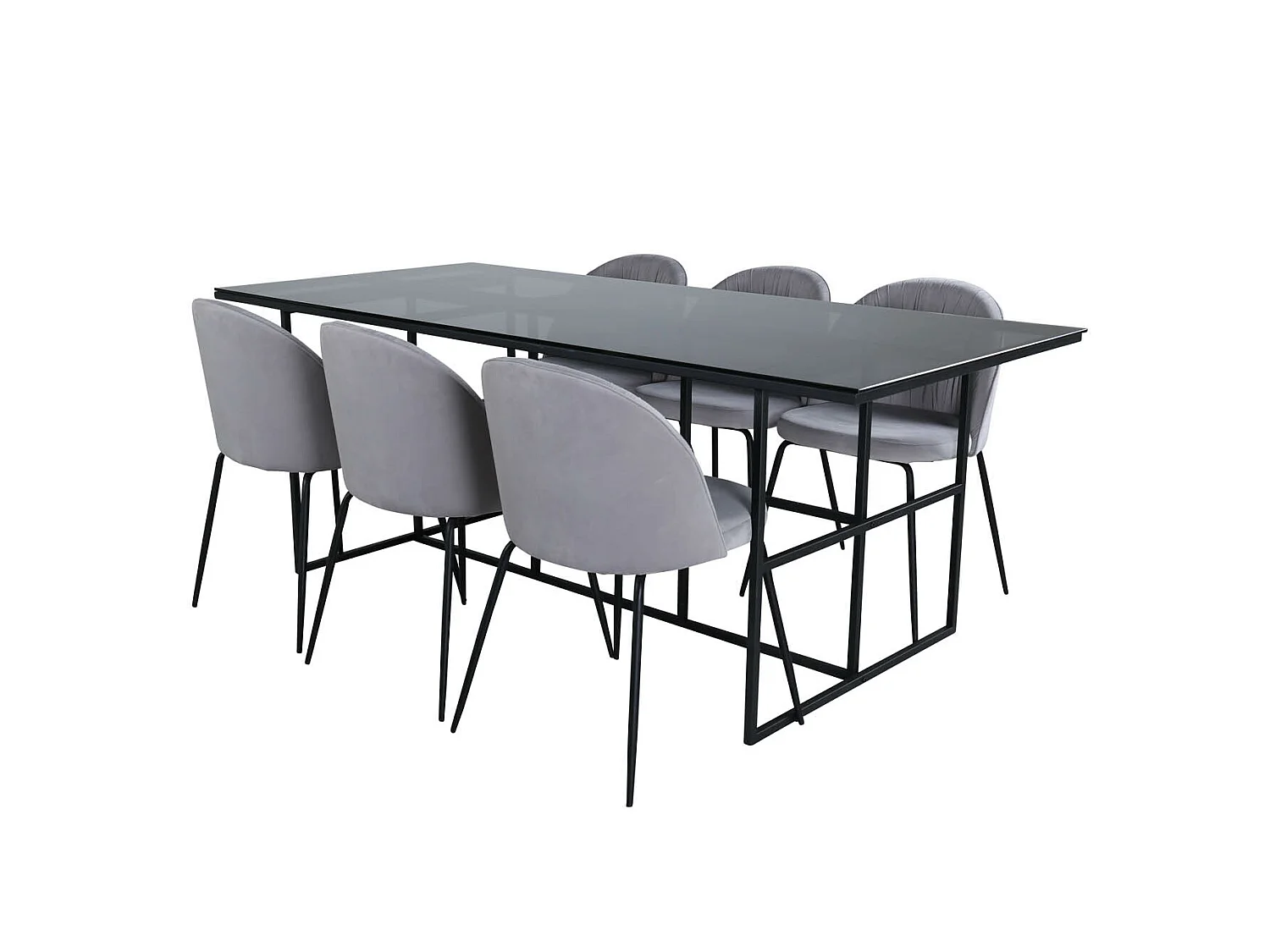 Leif ensemble table, table enfumé verre et 6 Wrinkles chaises gris.
