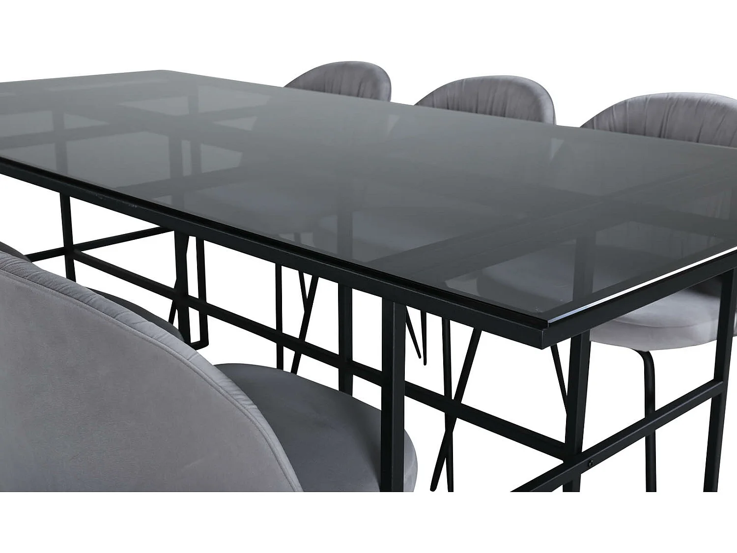 Leif ensemble table, table enfumé verre et 6 Wrinkles chaises gris.