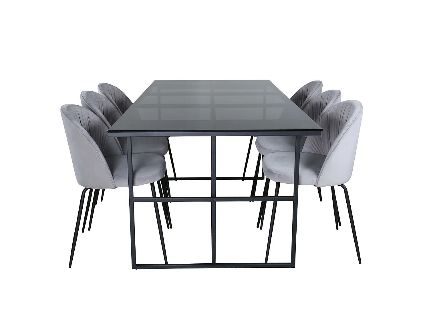 Leif eethoek eetkamertafel rokerig glas en 6 Wrinkles eetkamerstal grijs.