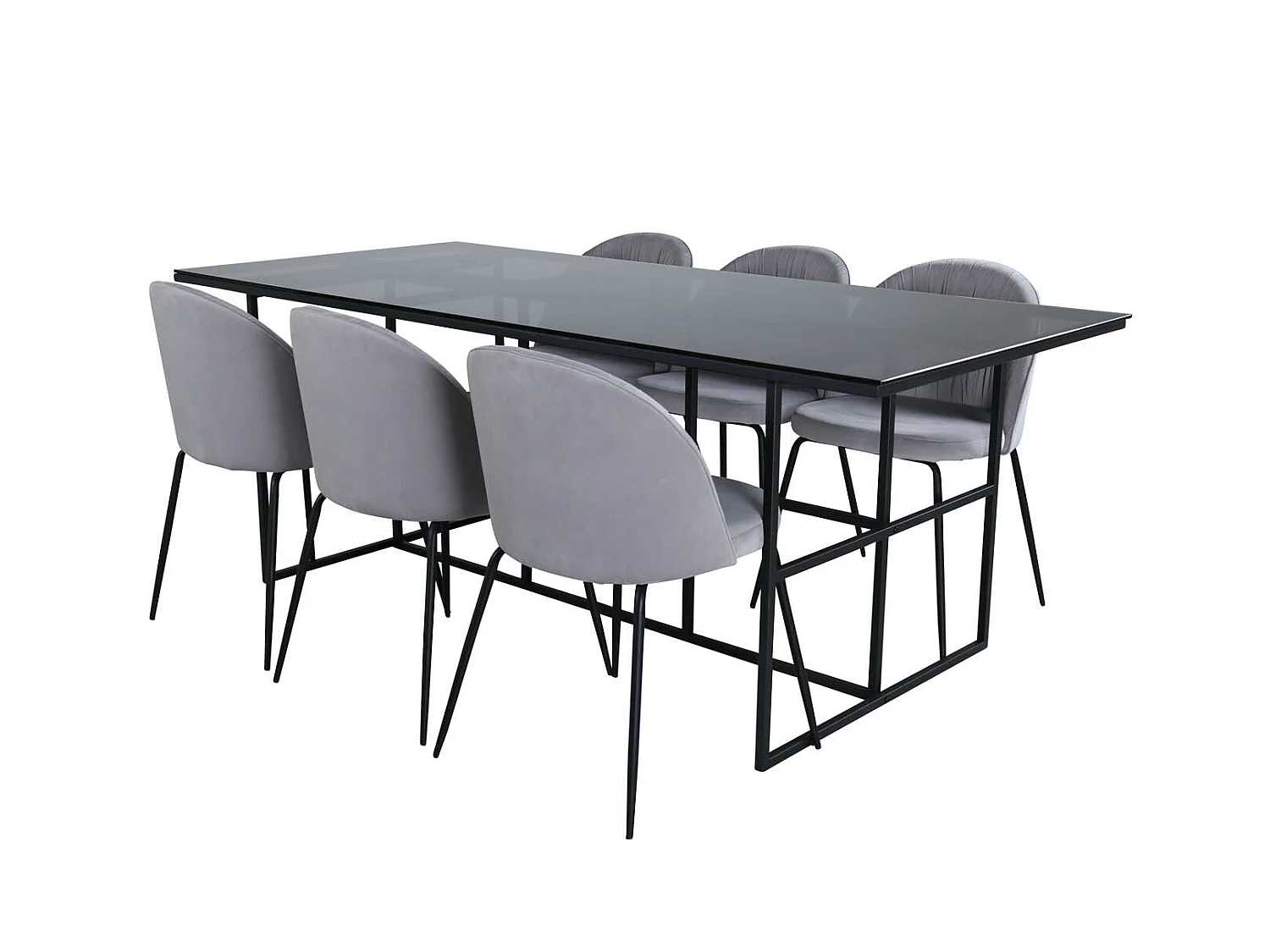 Leif eethoek eetkamertafel rokerig glas en 6 Wrinkles eetkamerstal grijs.