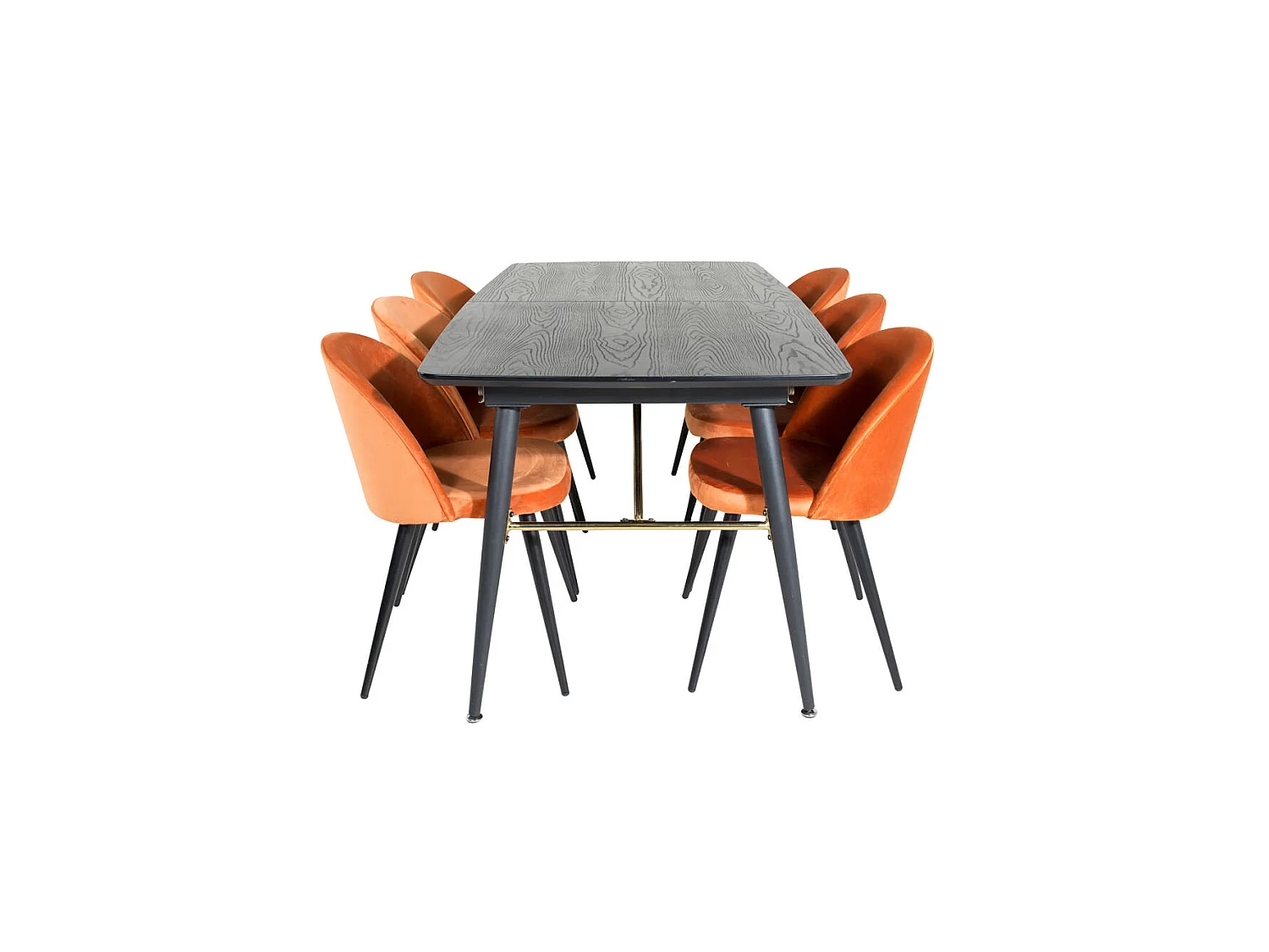 Gold ensemble table, table extensible longueur cm180 / 220 noir et 6 Velvet chaises Velours orange, noir.
