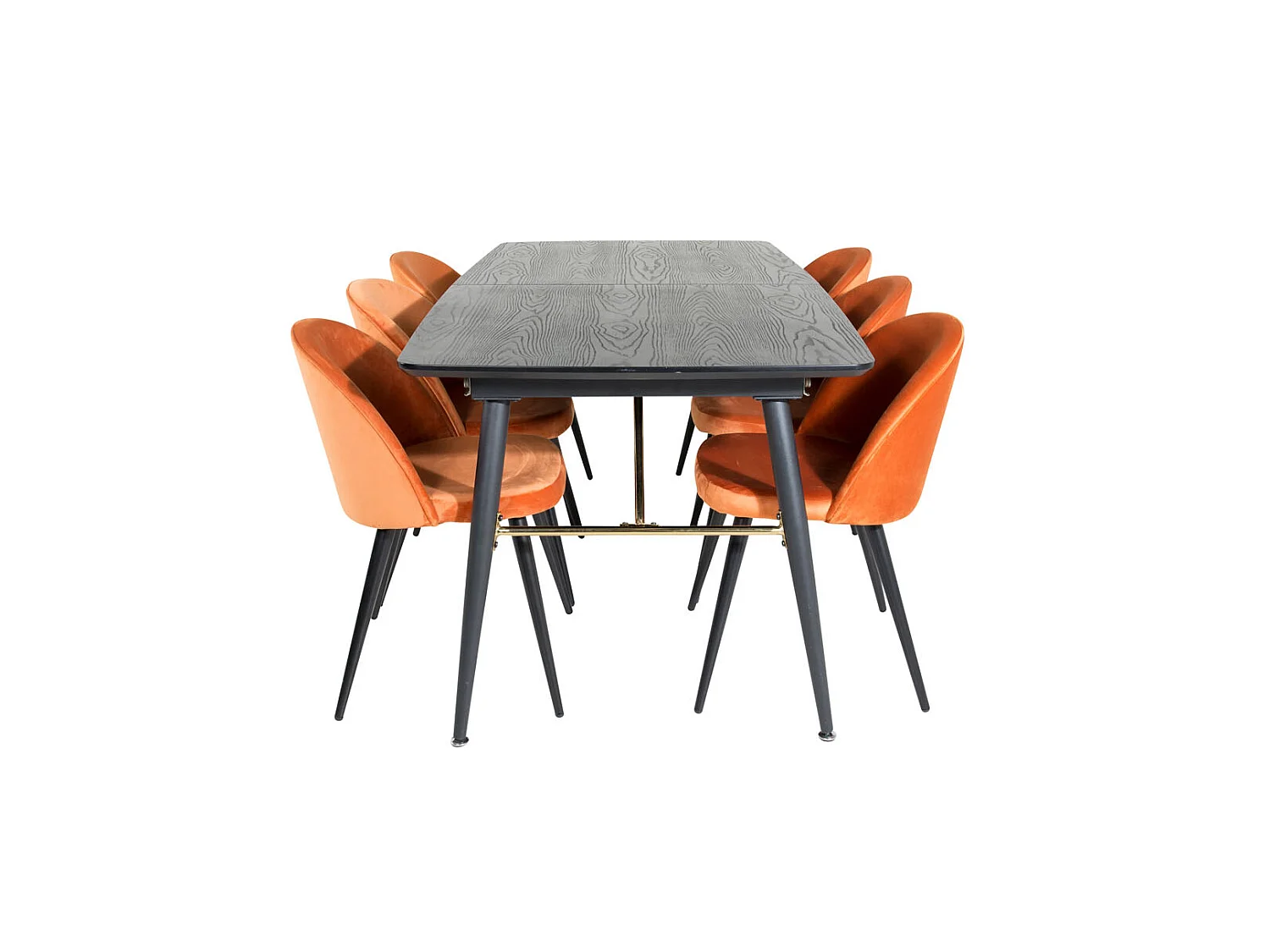 Gold ensemble table, table extensible longueur cm180 / 220 noir et 6 Velvet chaises Velours orange, noir.