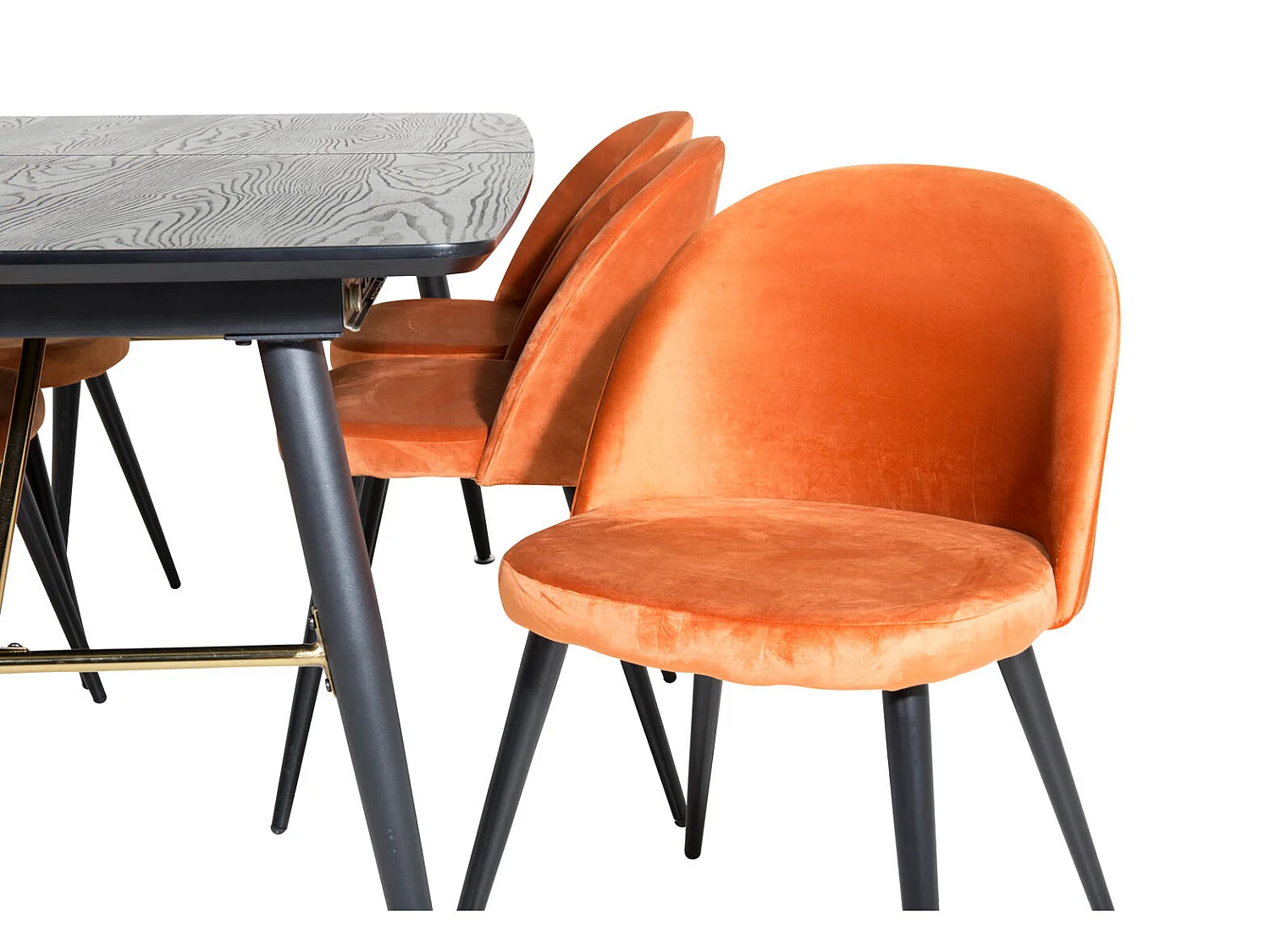Gold ensemble table, table extensible longueur cm180 / 220 noir et 6 Velvet chaises Velours orange, noir.
