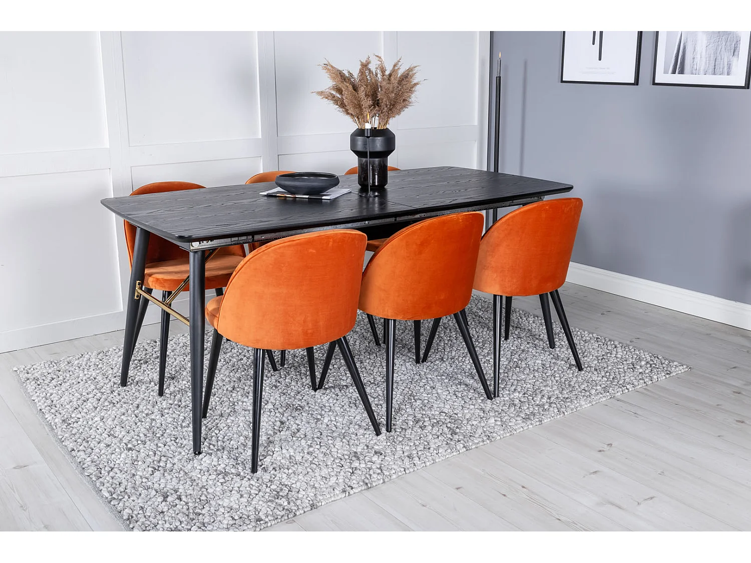 Gold ensemble table, table extensible longueur cm180 / 220 noir et 6 Velvet chaises Velours orange, noir.