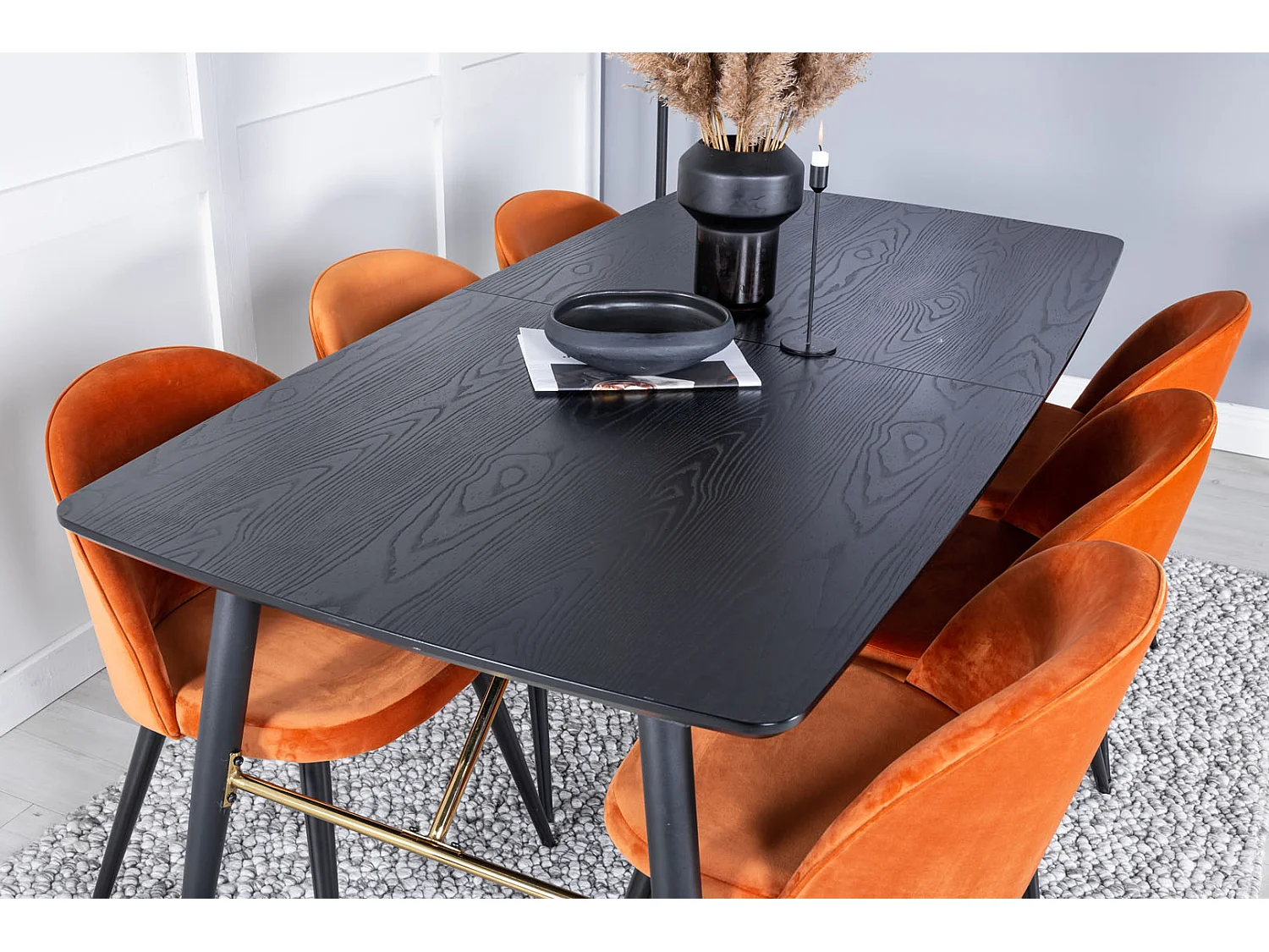 Gold ensemble table, table extensible longueur cm180 / 220 noir et 6 Velvet chaises Velours orange, noir.