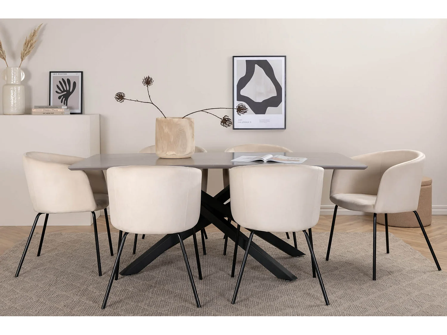 PiazzaGRBL ensemble table, table gris et 6 Berit chaises Velours beige.