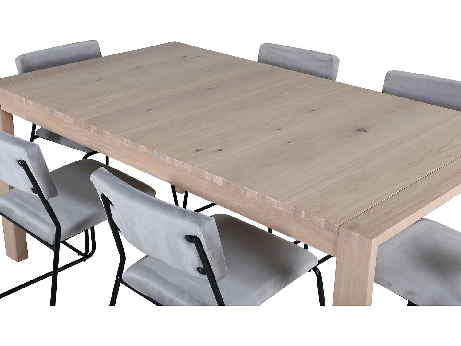 SliderWW ensemble table, table extensible longueur cm170 / 250 chêne blanc washeded et 6 Kenth chaises Velours gris.