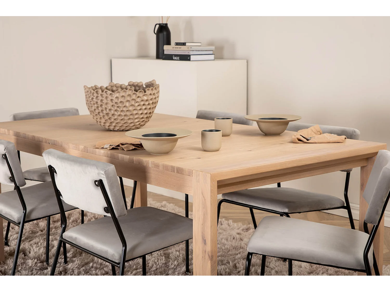 SliderWW ensemble table, table extensible longueur cm170 / 250 chêne blanc washeded et 6 Kenth chaises Velours gris.
