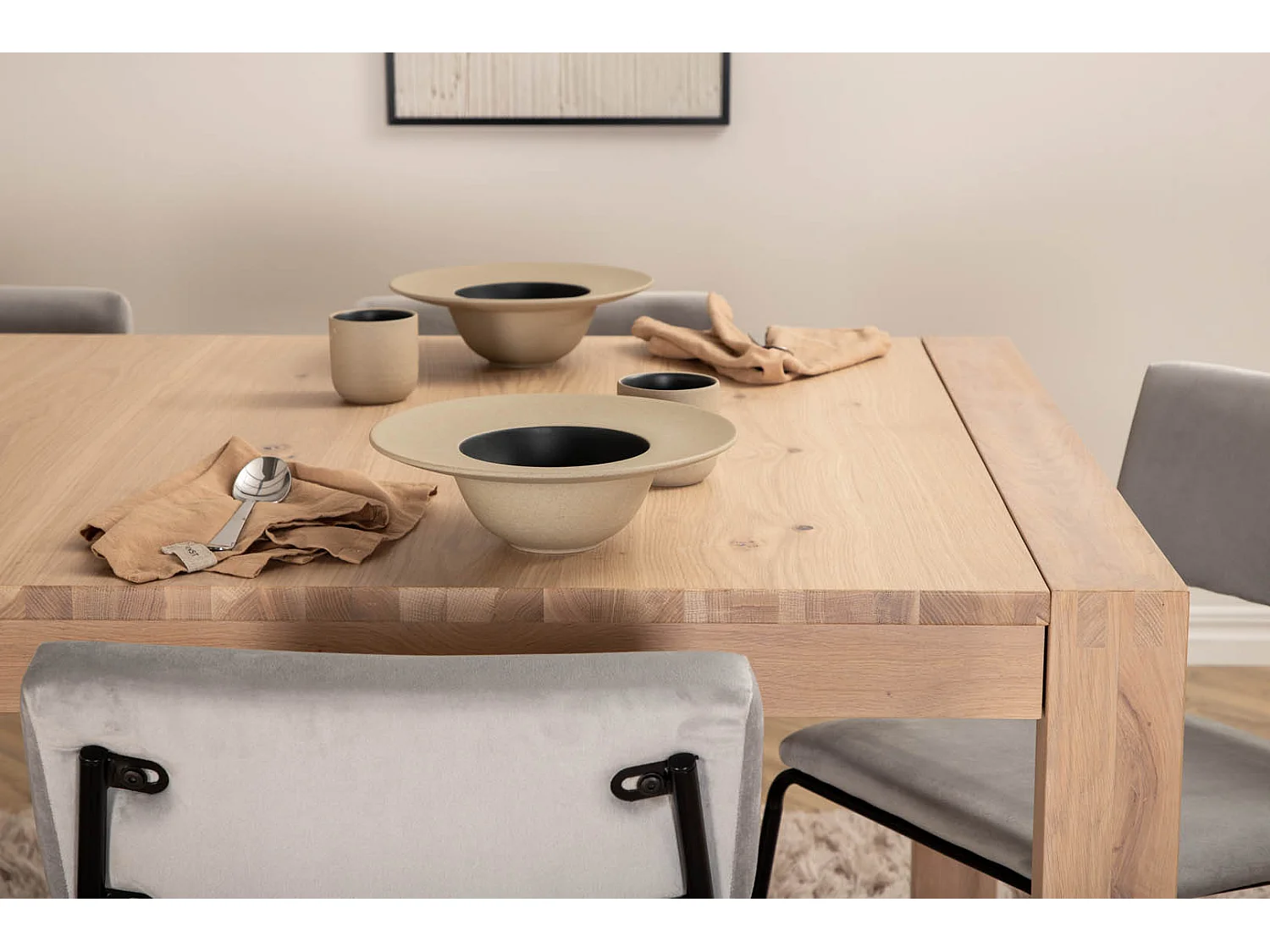 SliderWW ensemble table, table extensible longueur cm170 / 250 chêne blanc washeded et 6 Kenth chaises Velours gris.