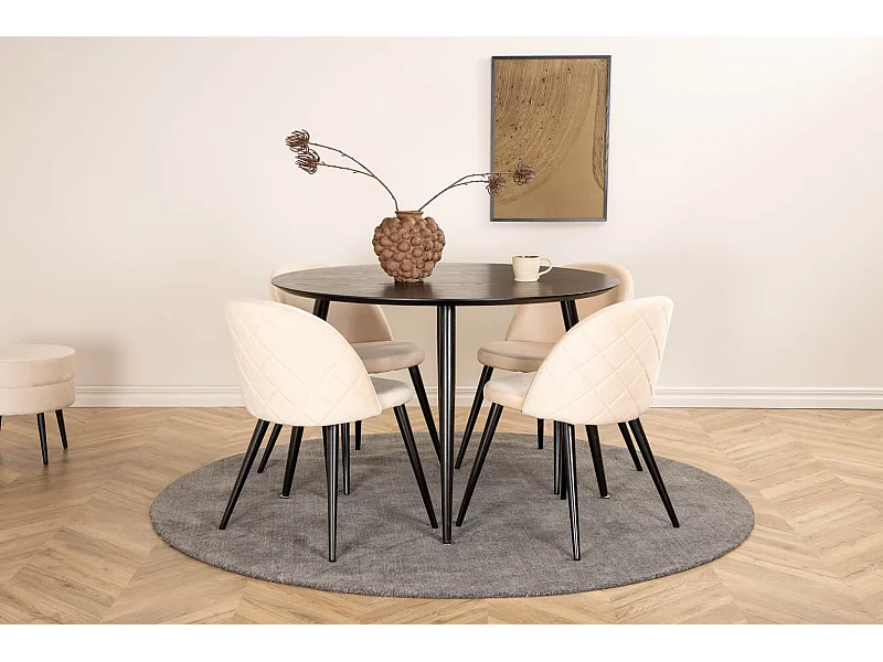 DippØ115BLBL ensemble table, table noir et 4 Velvet Stitches chaises Velours beige.