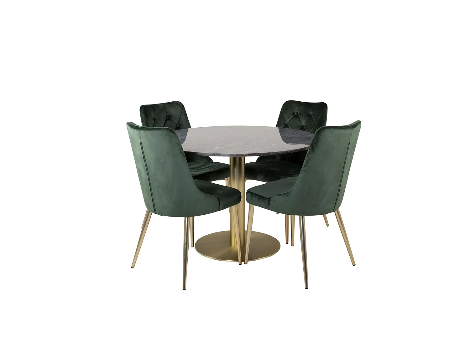 EstelleØ106BLBR ensemble table, table noir, marbre et 4 Velvet Deluxe chaises Velours vert, laiton décor.
