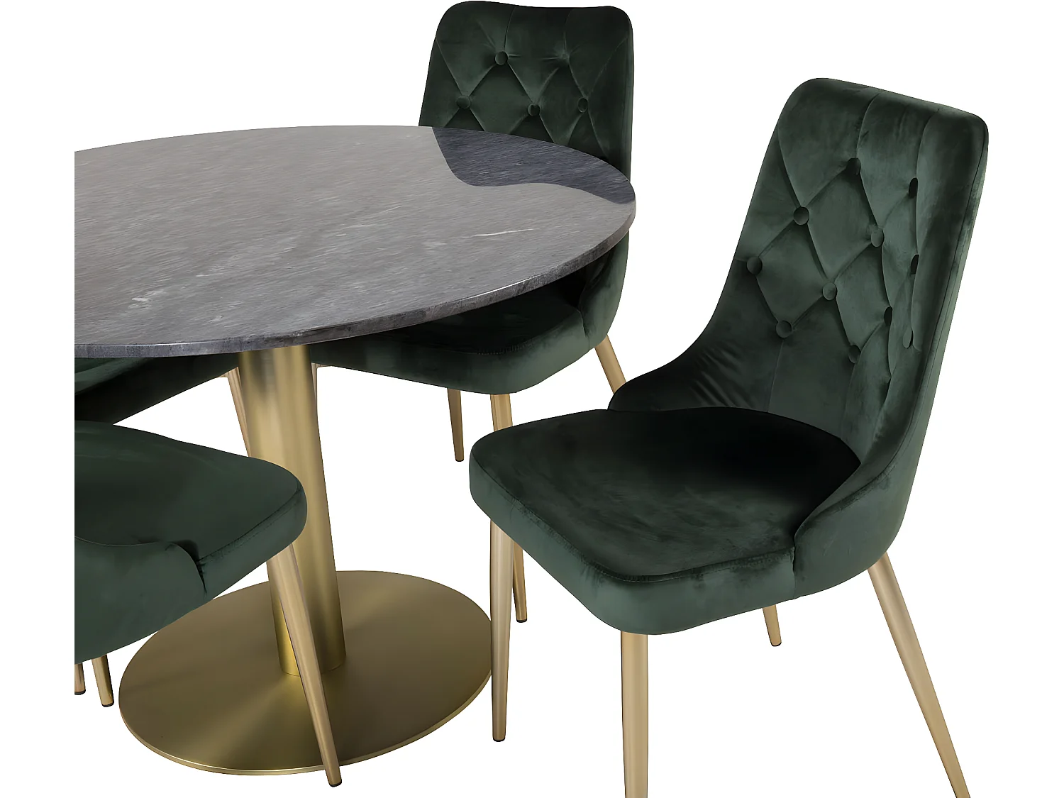 EstelleØ106BLBR ensemble table, table noir, marbre et 4 Velvet Deluxe chaises Velours vert, laiton décor.