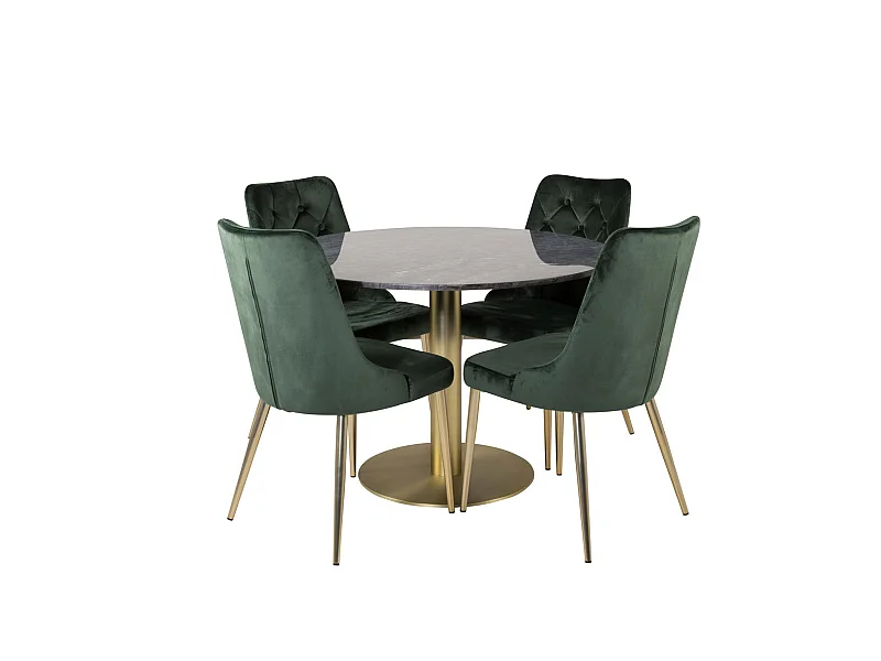 EstelleØ106BLBR ensemble table, table noir, marbre et 4 Velvet Deluxe chaises Velours vert, laiton décor.
