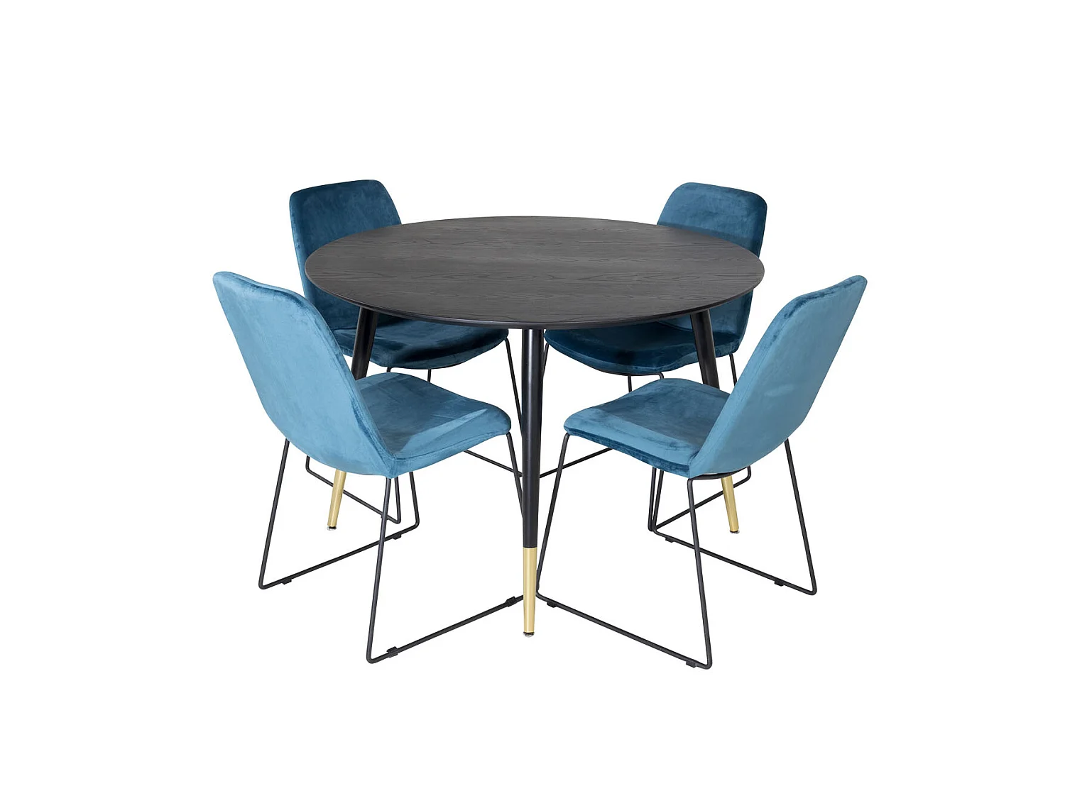 DippØ115BLBR eethoek eetkamertafel zwart en 4 Muce eetkamerstal velours blauw.