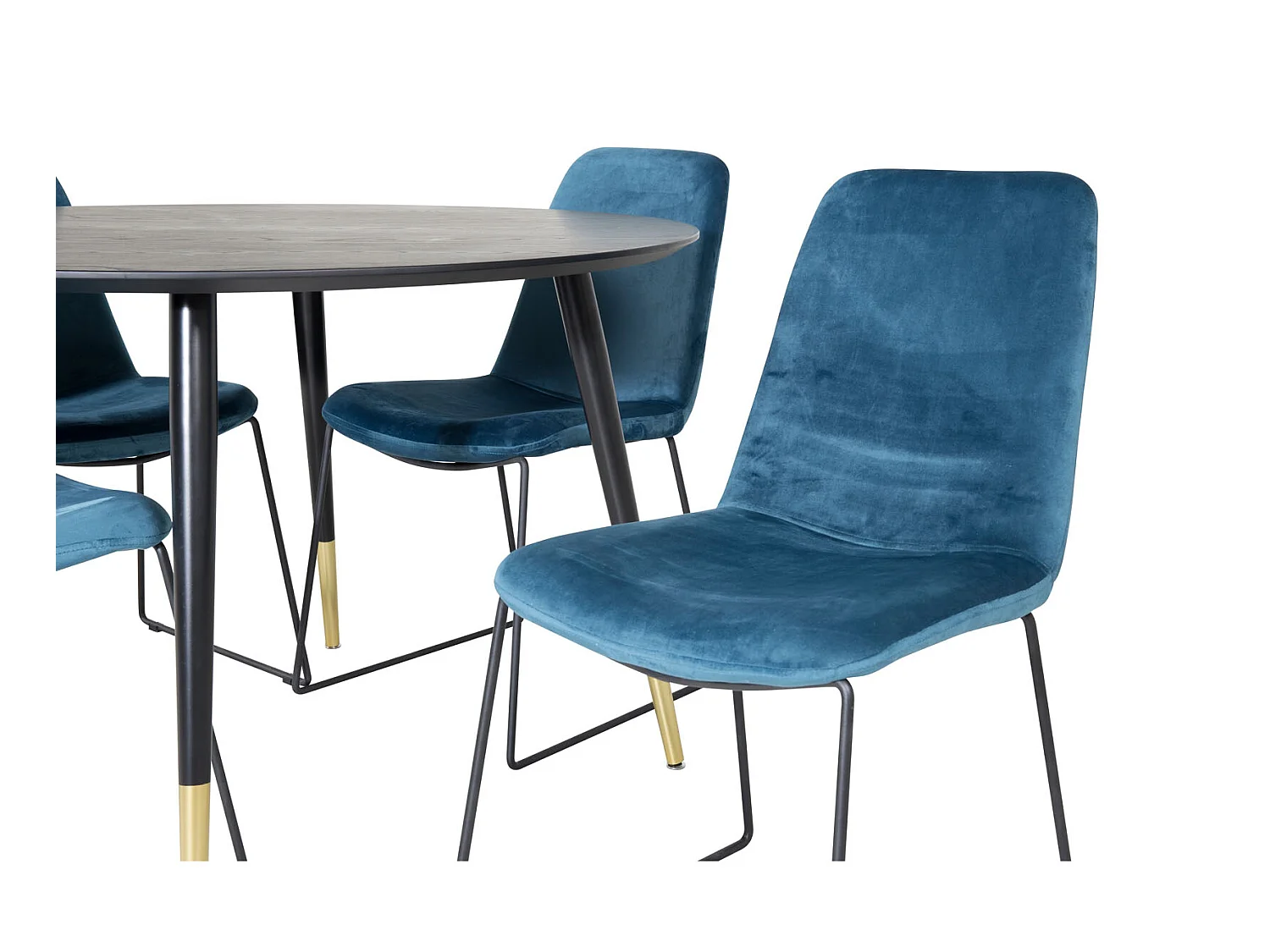 DippØ115BLBR eethoek eetkamertafel zwart en 4 Muce eetkamerstal velours blauw.