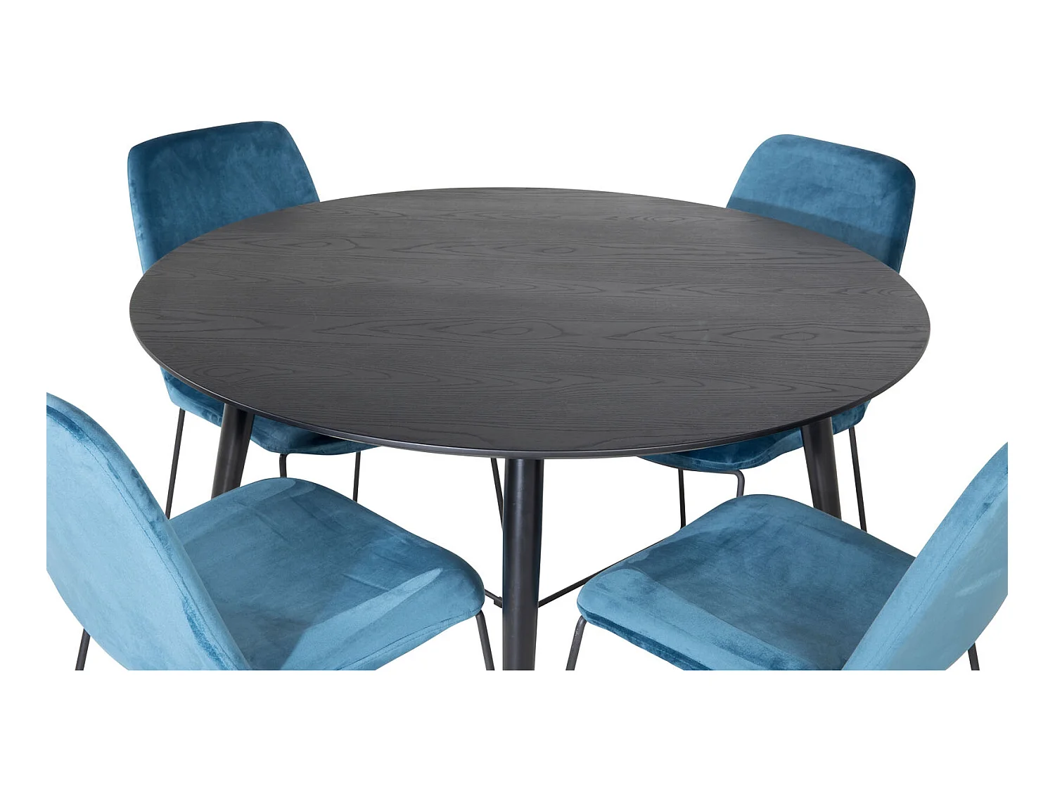 DippØ115BLBR eethoek eetkamertafel zwart en 4 Muce eetkamerstal velours blauw.