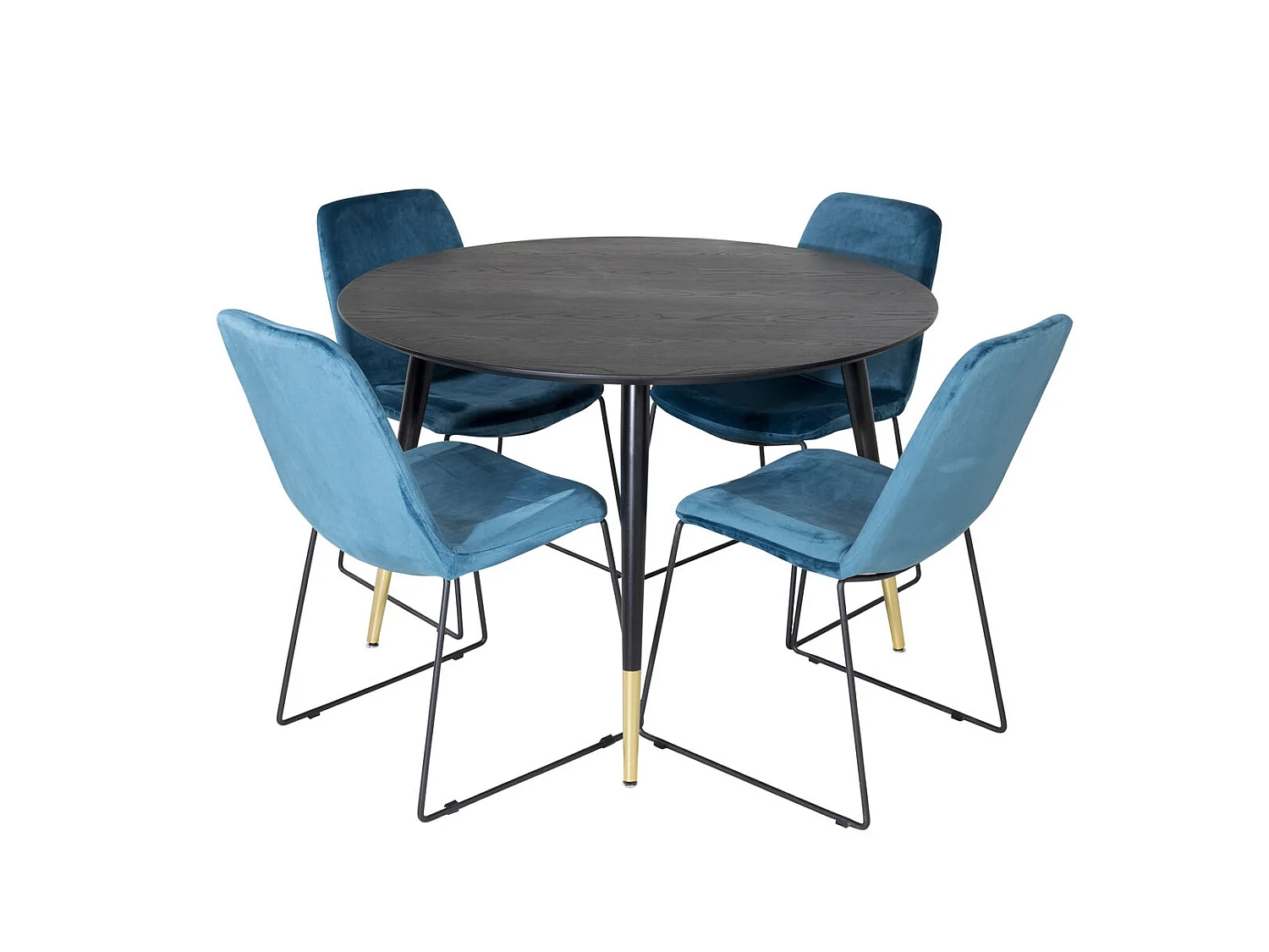 DippØ115BLBR ensemble table, table noir et 4 Muce chaises Velours bleu.
