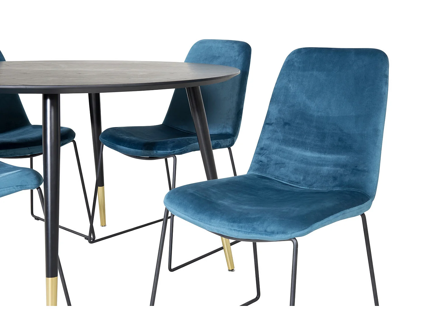 DippØ115BLBR ensemble table, table noir et 4 Muce chaises Velours bleu.