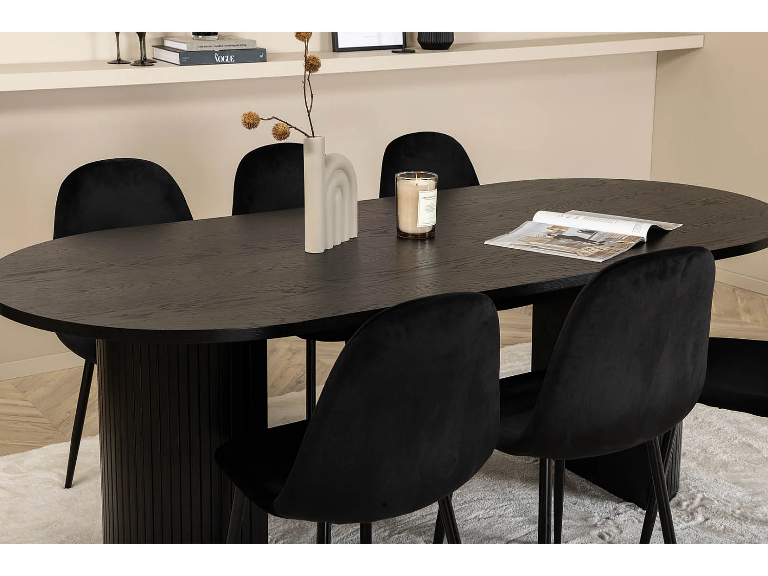 BiancaBL Essgruppe Esstisch schwarz und 6 Polar Esszimmerstühle Velour schwarz.