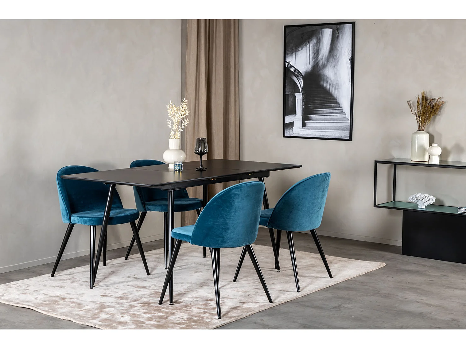 SilarBLExt ensemble table, table extensible longueur cm120 / 160 noir et 4 Velvet chaises Velours bleu, noir.