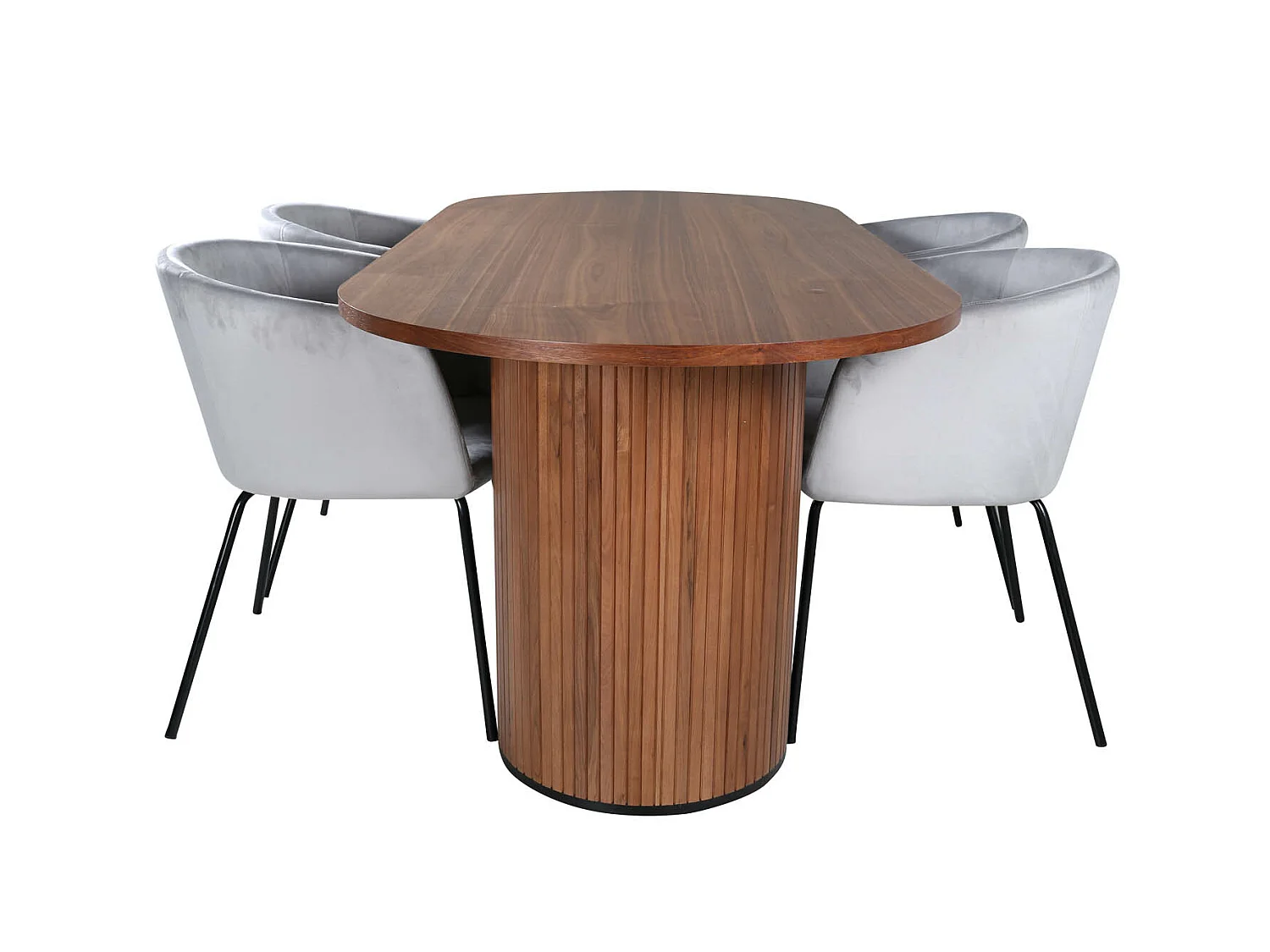 BiancaWA ensemble table, table noyer décor et 4 Berit chaises Velours gris.