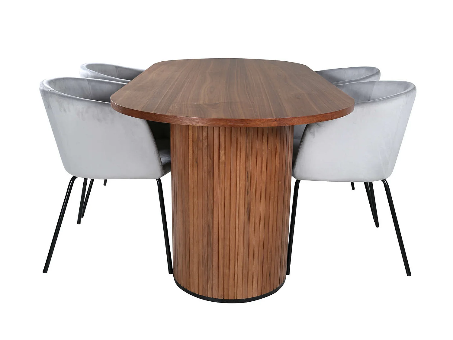 BiancaWA ensemble table, table noyer décor et 4 Berit chaises Velours gris.