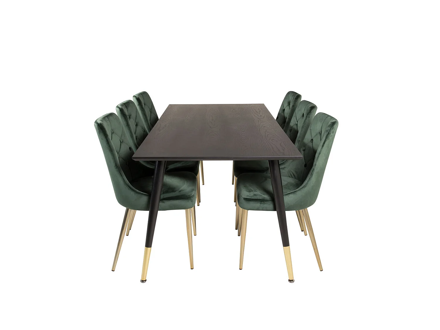 Dipp180x90BLBR ensemble table, table noir et 6 Velvet Deluxe chaises Velours vert, laiton décor.