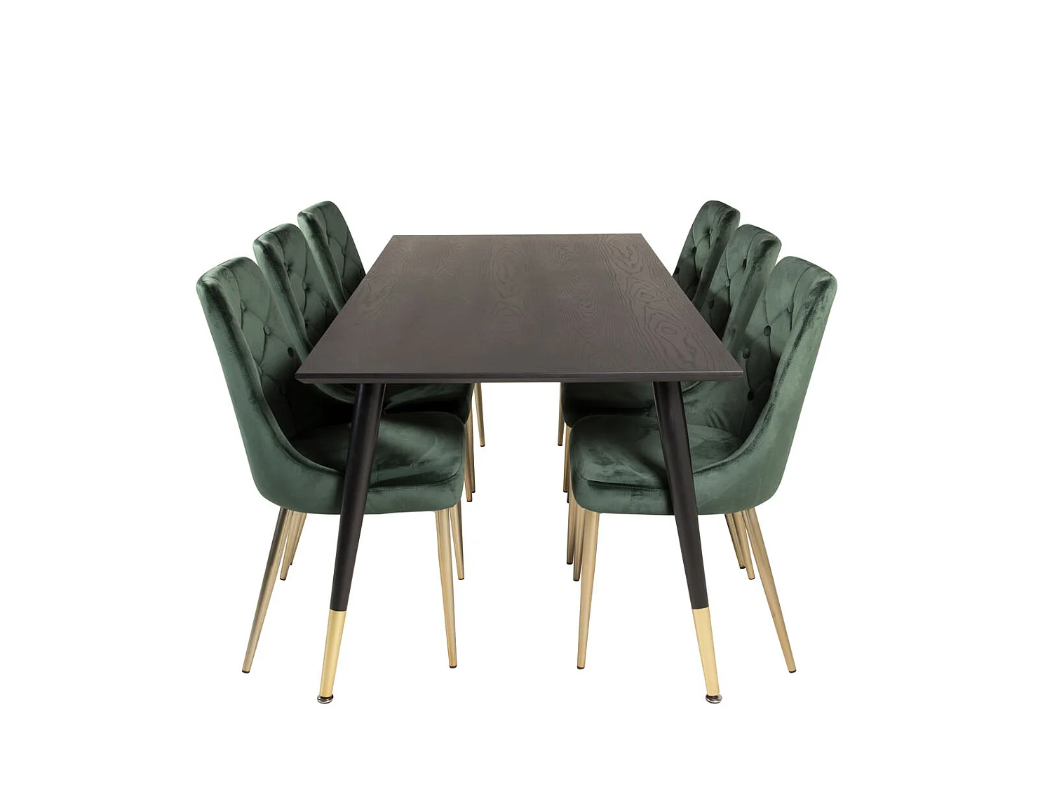 Dipp180x90BLBR ensemble table, table noir et 6 Velvet Deluxe chaises Velours vert, laiton décor.