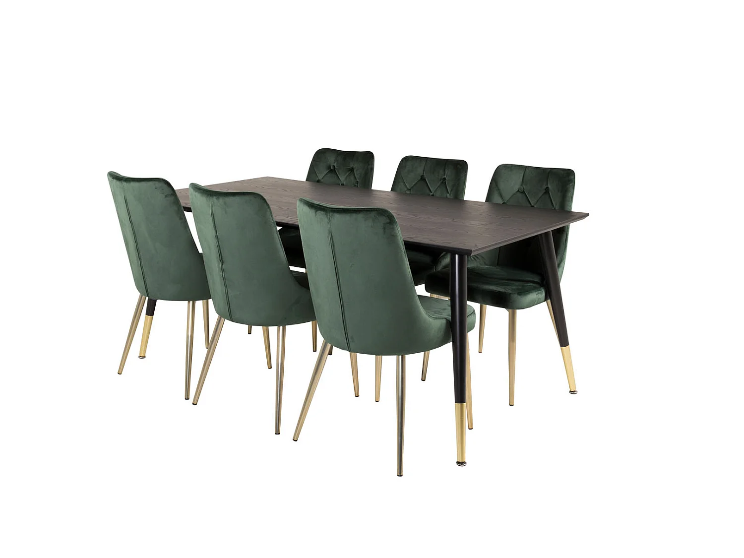 Dipp180x90BLBR ensemble table, table noir et 6 Velvet Deluxe chaises Velours vert, laiton décor.