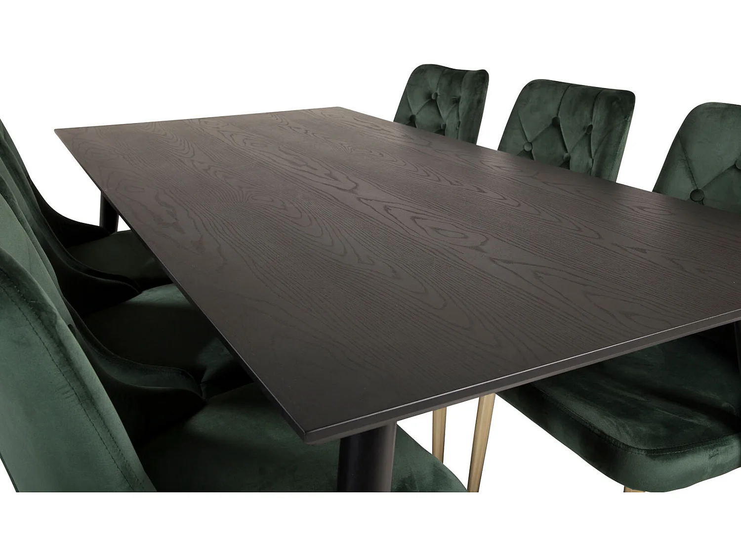 Dipp180x90BLBR ensemble table, table noir et 6 Velvet Deluxe chaises Velours vert, laiton décor.