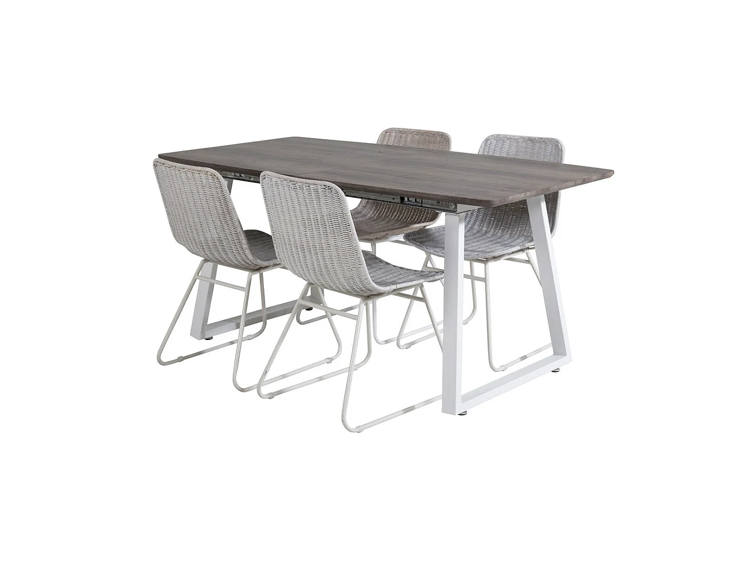 IncaNAWH eethoek eetkamertafel uitschuifbare tafel lengte cm 160 / 200 el hout decor grijs en 4 Cirebon eetkamerstal rotan whitewash.