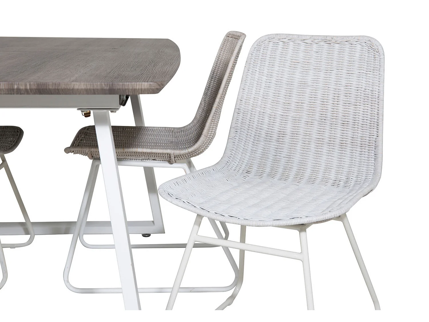 IncaNAWH eethoek eetkamertafel uitschuifbare tafel lengte cm 160 / 200 el hout decor grijs en 4 Cirebon eetkamerstal rotan whitewash.