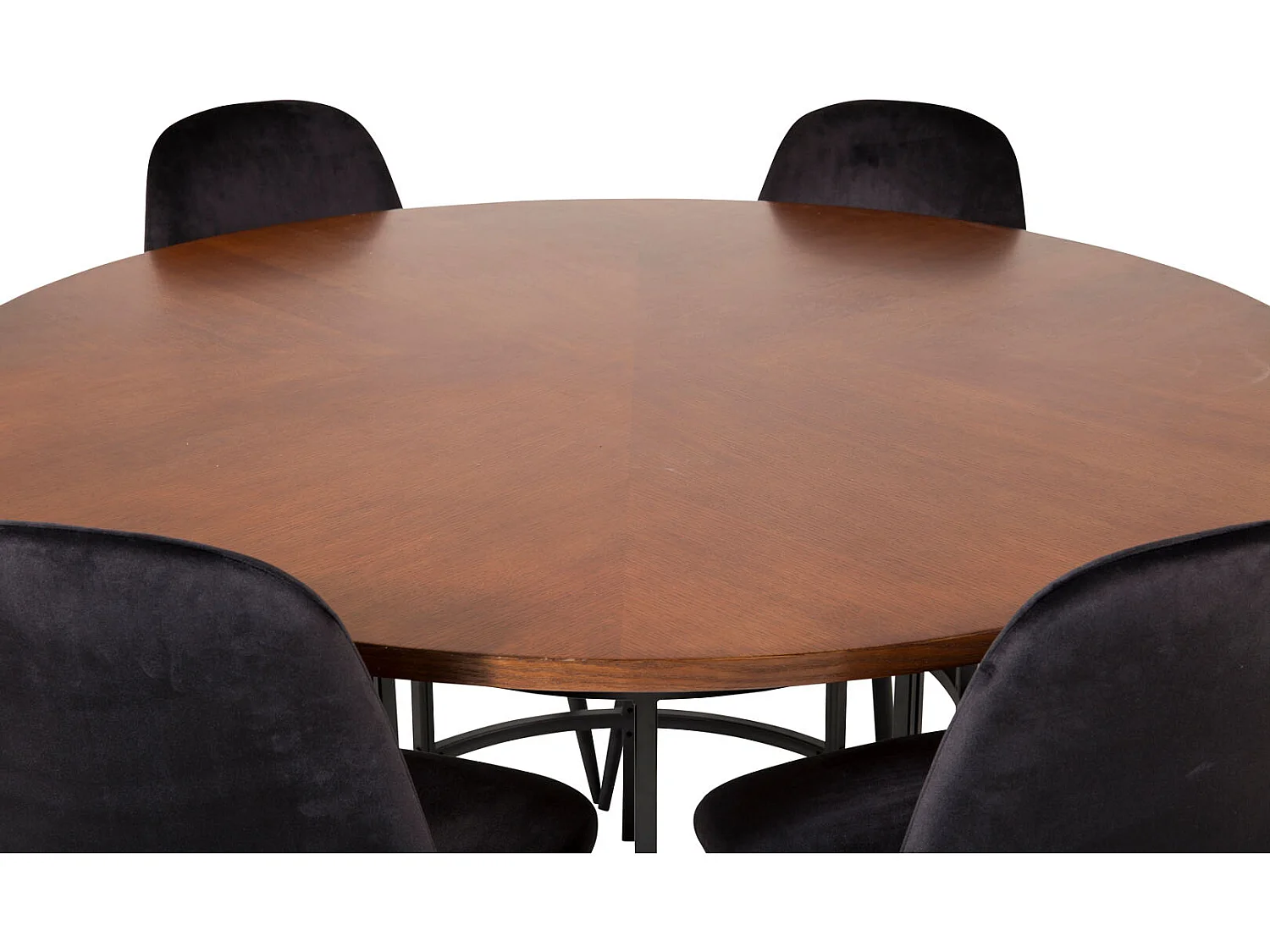 Copenhagen eethoek eetkamertafel bruin en 6 Polar eetkamerstal velours zwart.
