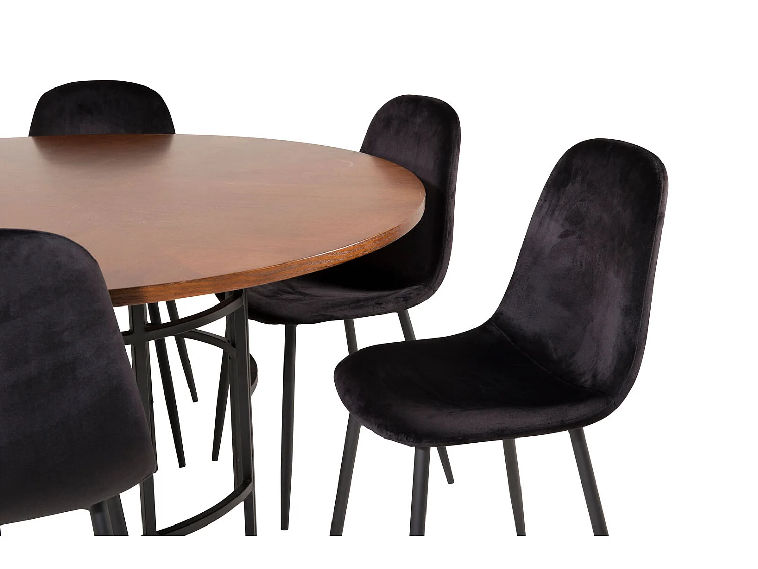 Copenhagen eethoek eetkamertafel bruin en 6 Polar eetkamerstal velours zwart.