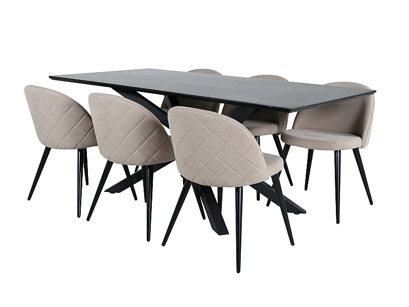 PiazzaBLBL eethoek eetkamertafel zwart en 6 Velvet Stitches eetkamerstal beige.