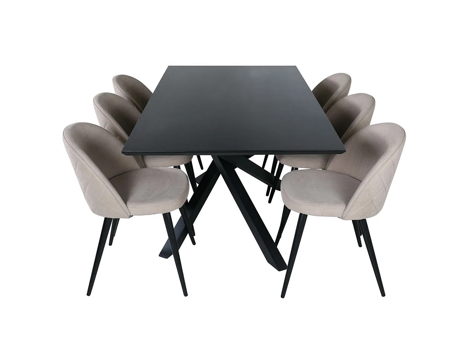 PiazzaBLBL Essgruppe Esstisch schwarz und 6 Velvet Stitches Esszimmerstühle beige.