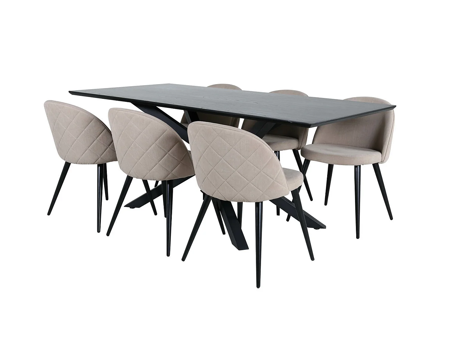 PiazzaBLBL ensemble table, table noir et 6 Velvet Stitches chaises beige.