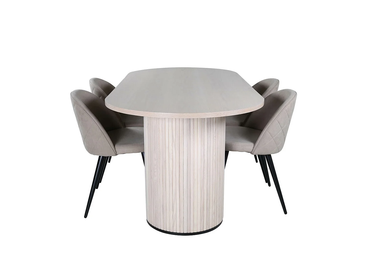 BiancaWW eethoek eetkamertafel eik fineer wit washed en 4 Velvet Stitches eetkamerstal beige.